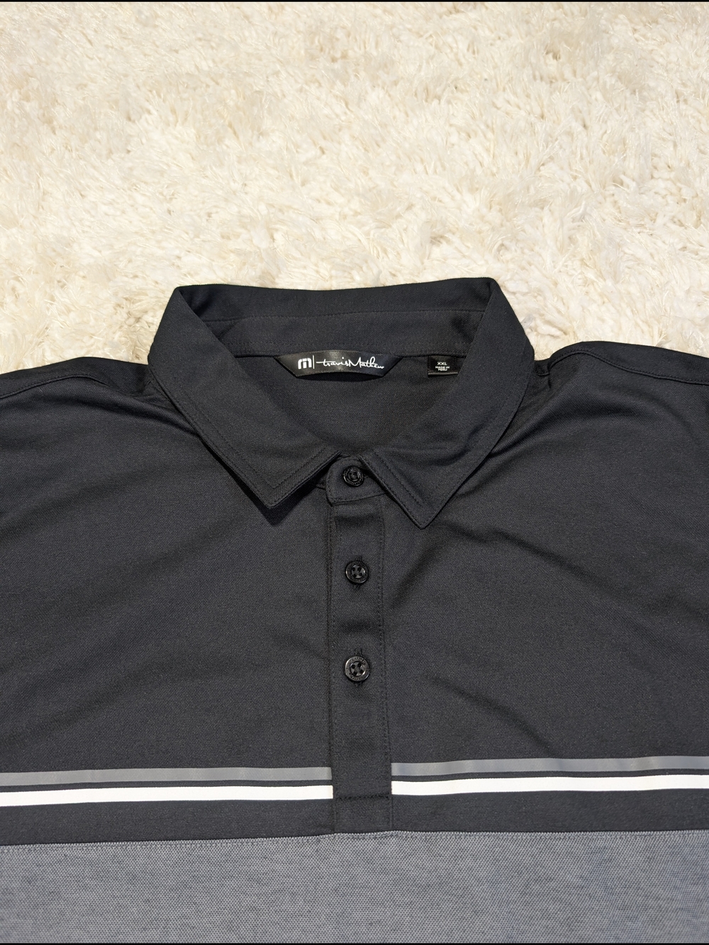 Travis Mathew Men's Black Polo with Gray and White Stripes